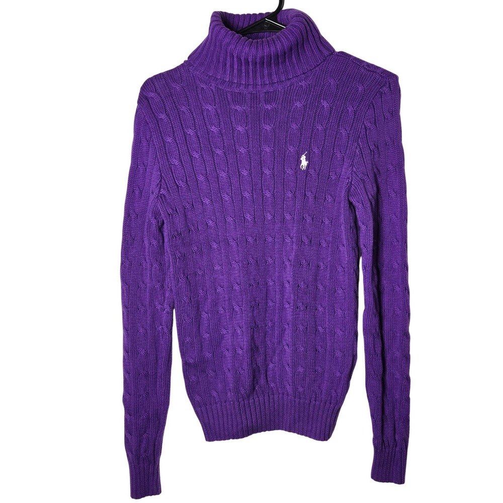 Ralph Lauren Sport Womens Purple Cable Knit Turtleneck Sweater Medium Pony